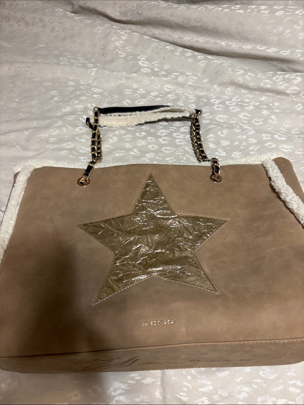 Vintage Havana large Shearling Trim Taupe Tote with Gold Star Accent